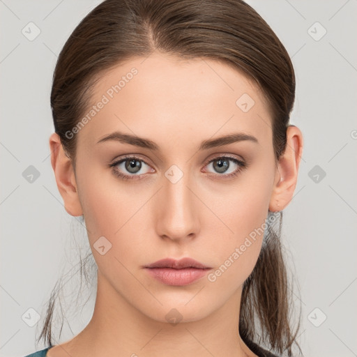 Neutral white young-adult female with medium  brown hair and brown eyes