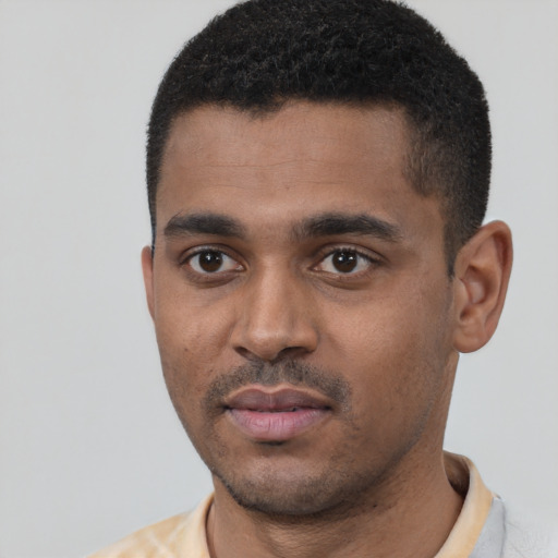 Neutral black young-adult male with short  black hair and brown eyes