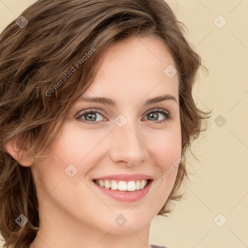 Joyful white young-adult female with long  brown hair and green eyes