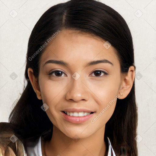 Joyful latino young-adult female with long  brown hair and brown eyes