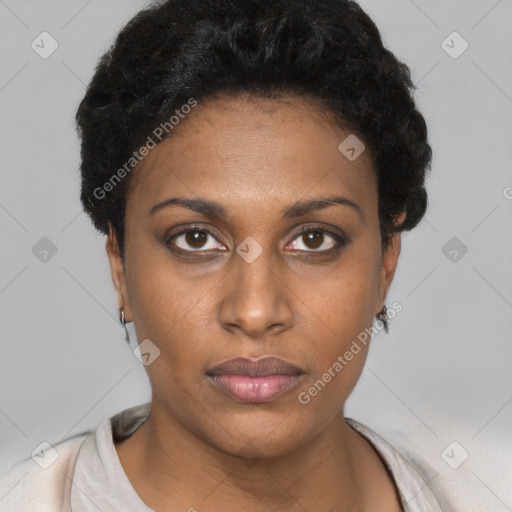 Neutral black young-adult female with short  black hair and brown eyes