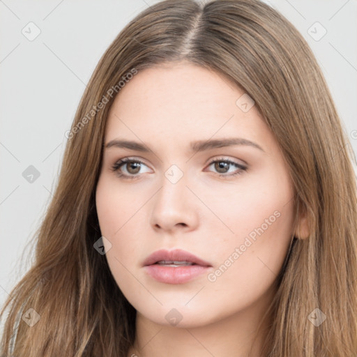 Neutral white young-adult female with long  brown hair and brown eyes