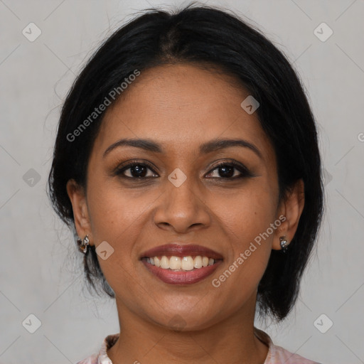 Joyful latino young-adult female with medium  brown hair and brown eyes