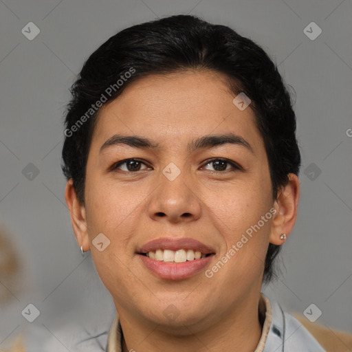 Joyful asian young-adult female with short  brown hair and brown eyes