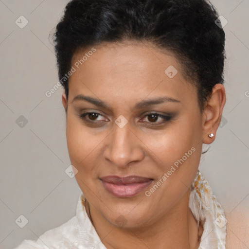 Joyful latino young-adult female with short  brown hair and brown eyes