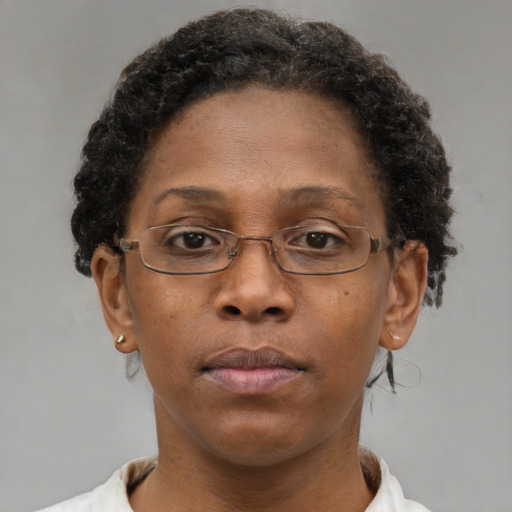 Neutral black adult female with short  brown hair and brown eyes