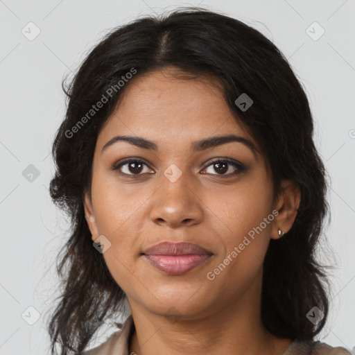 Joyful black young-adult female with medium  brown hair and brown eyes