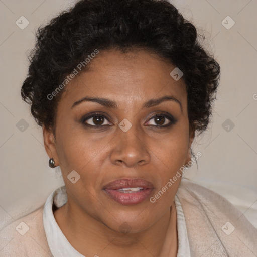 Joyful black adult female with short  brown hair and brown eyes