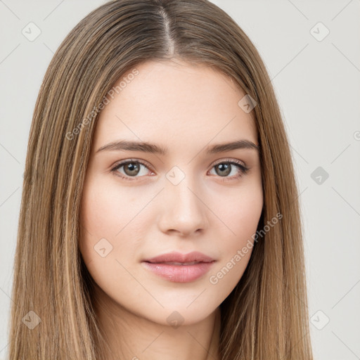 Neutral white young-adult female with long  brown hair and brown eyes