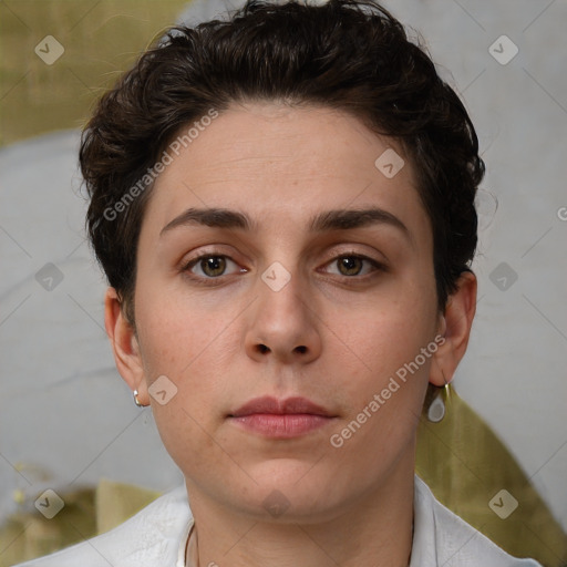 Neutral white young-adult female with short  brown hair and brown eyes