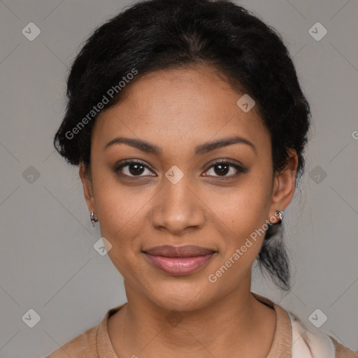 Joyful black young-adult female with medium  black hair and brown eyes