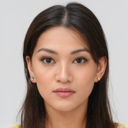 Neutral asian young-adult female with long  brown hair and brown eyes