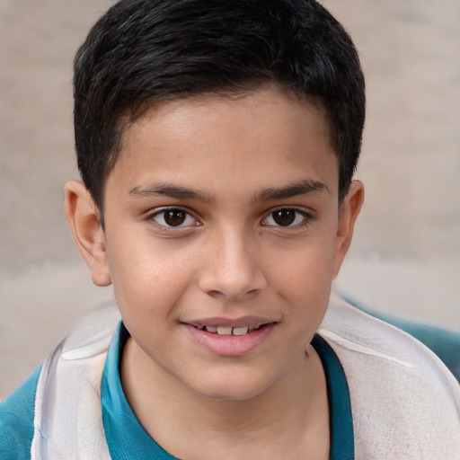 Joyful white child male with short  brown hair and brown eyes