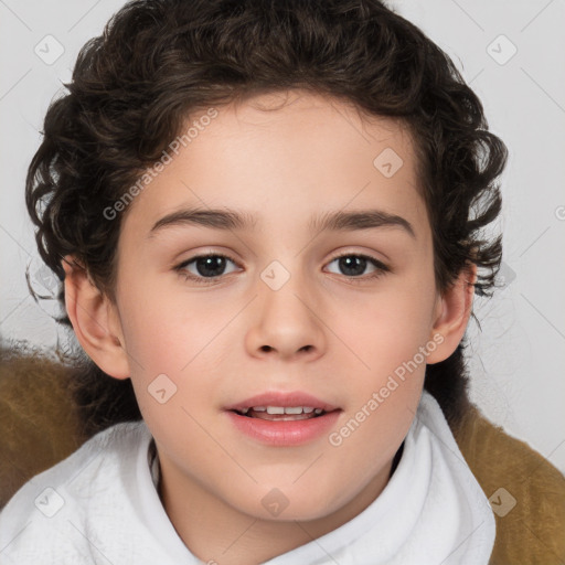 Joyful white child female with medium  brown hair and brown eyes