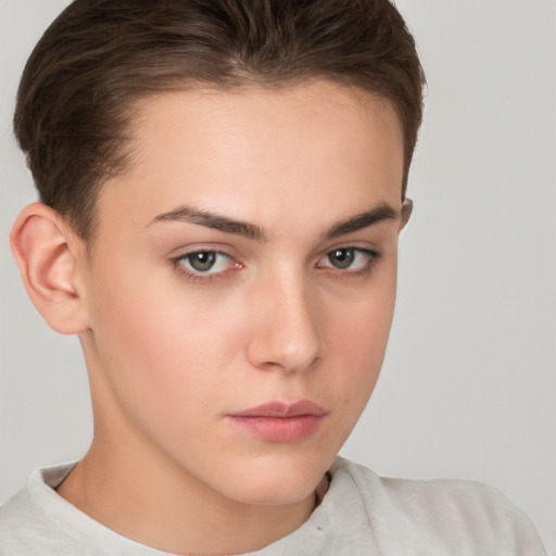 Neutral white young-adult female with short  brown hair and brown eyes