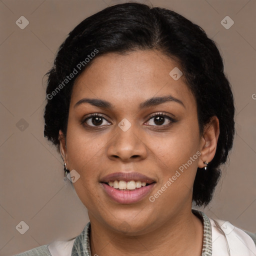 Joyful latino young-adult female with medium  black hair and brown eyes