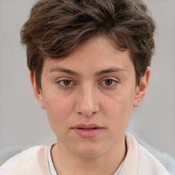 Neutral white young-adult female with short  brown hair and brown eyes