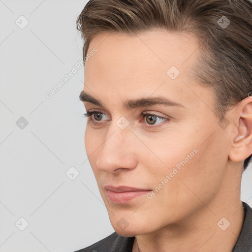 Neutral white young-adult male with short  brown hair and brown eyes