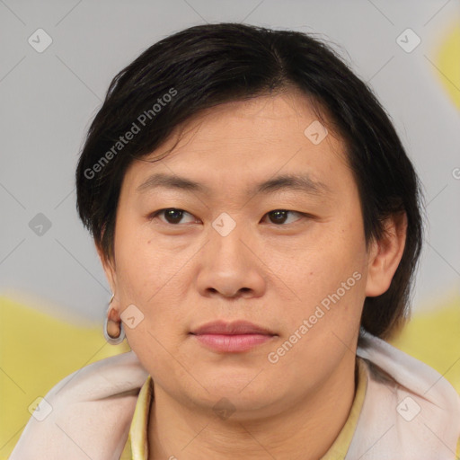 Neutral asian young-adult female with medium  brown hair and brown eyes