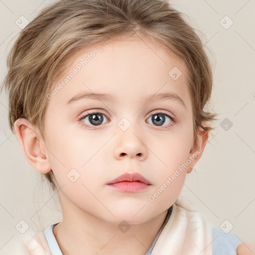 Neutral white child female with medium  brown hair and blue eyes