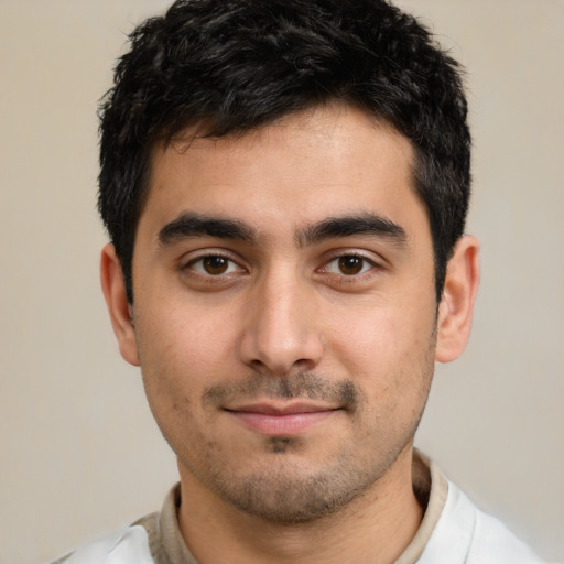 Neutral white young-adult male with short  black hair and brown eyes