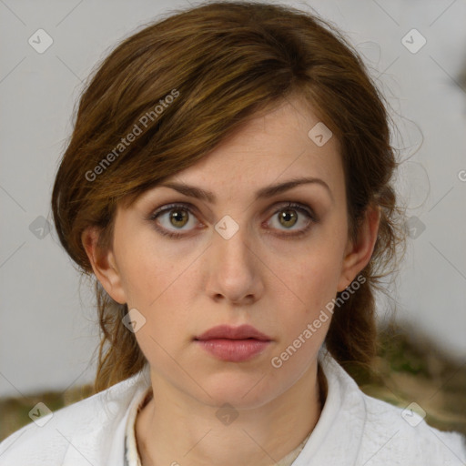 Neutral white young-adult female with medium  brown hair and brown eyes