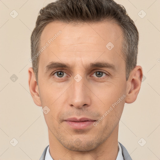 Neutral white adult male with short  brown hair and brown eyes