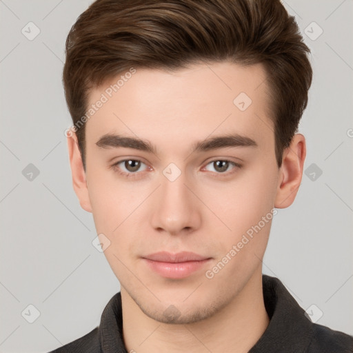 Neutral white young-adult male with short  brown hair and brown eyes