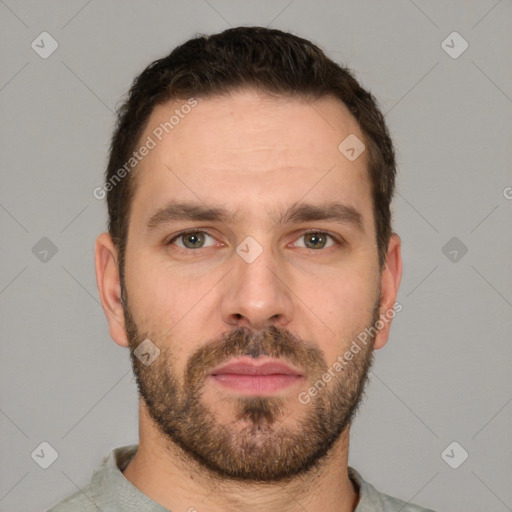 Neutral white adult male with short  brown hair and brown eyes