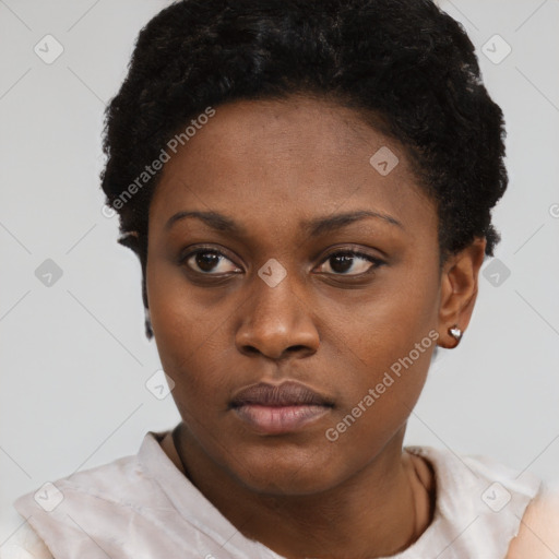 Neutral black young-adult female with short  black hair and brown eyes