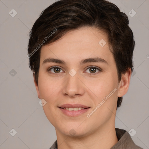 Joyful white young-adult female with short  brown hair and brown eyes