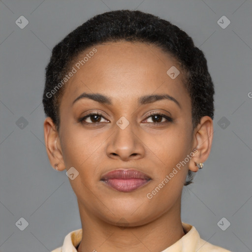 Joyful latino young-adult female with short  brown hair and brown eyes