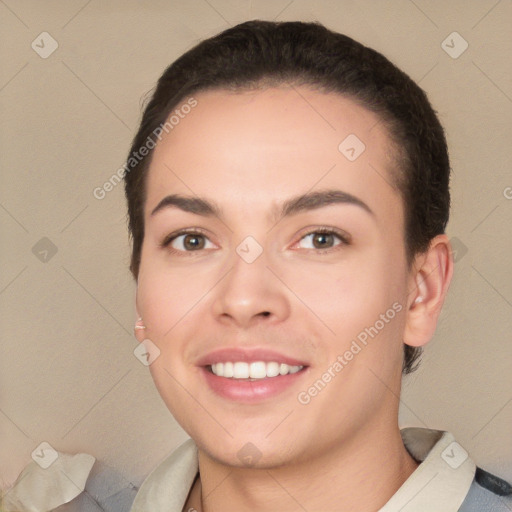 Joyful white young-adult female with short  brown hair and brown eyes