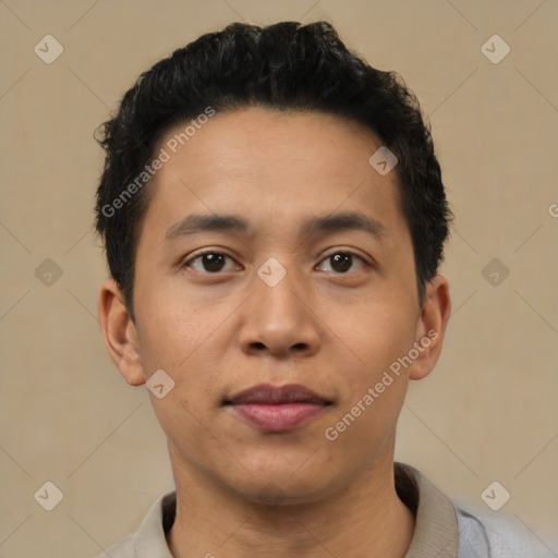 Neutral asian young-adult male with short  black hair and brown eyes