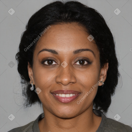 Joyful black young-adult female with medium  black hair and brown eyes