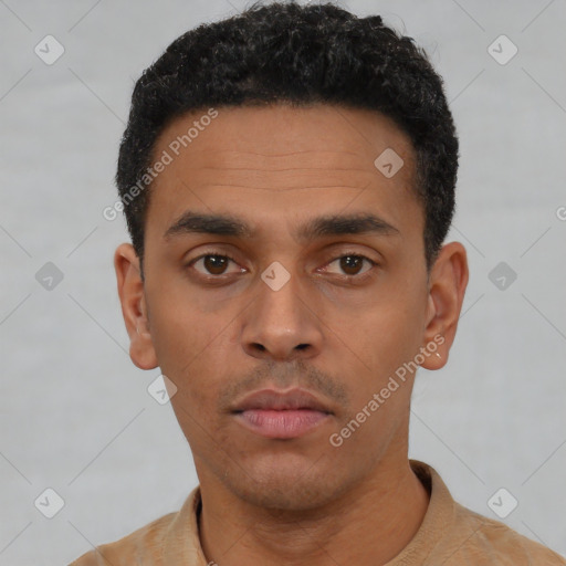 Neutral latino young-adult male with short  black hair and brown eyes