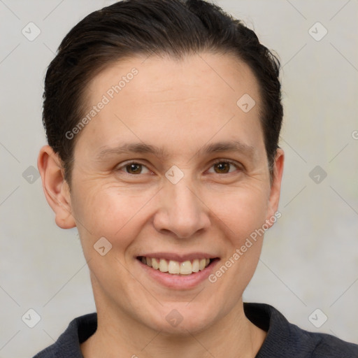 Joyful white adult female with short  brown hair and brown eyes