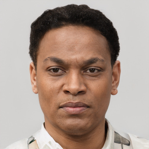 Joyful latino adult male with short  black hair and brown eyes