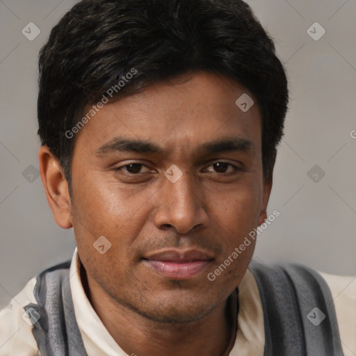 Joyful latino young-adult male with short  brown hair and brown eyes