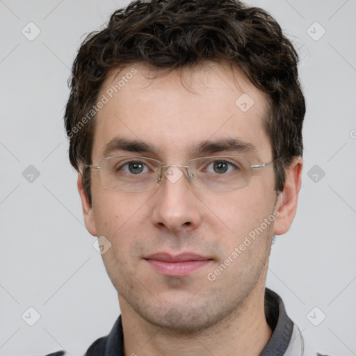 Neutral white young-adult male with short  brown hair and grey eyes