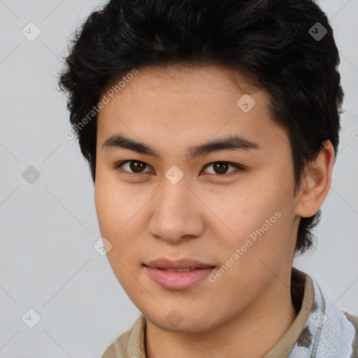Joyful asian young-adult male with short  brown hair and brown eyes
