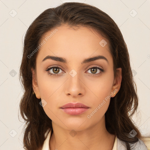 Neutral white young-adult female with long  brown hair and brown eyes