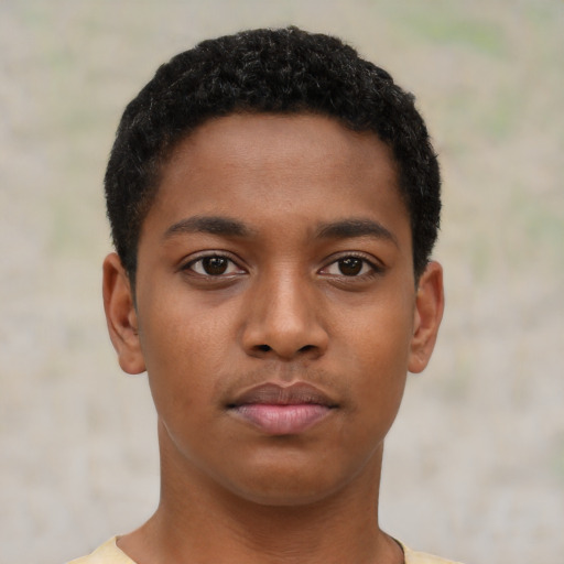 Neutral black young-adult male with short  black hair and brown eyes