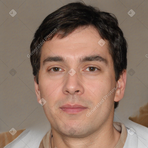 Neutral white adult male with short  black hair and brown eyes