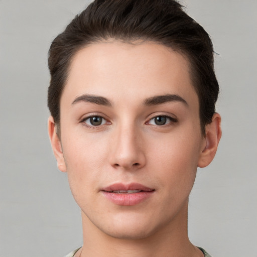 Neutral white young-adult female with short  brown hair and brown eyes