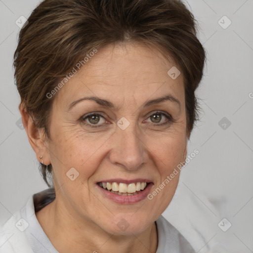 Joyful white adult female with short  brown hair and brown eyes