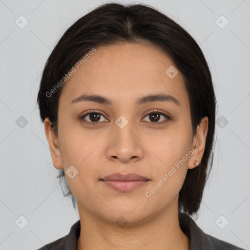 Joyful white young-adult female with medium  brown hair and brown eyes