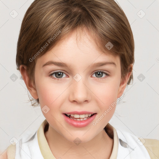 Joyful white child female with medium  brown hair and grey eyes