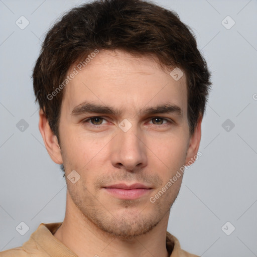 Neutral white young-adult male with short  brown hair and brown eyes