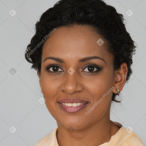 Joyful black young-adult female with medium  black hair and brown eyes